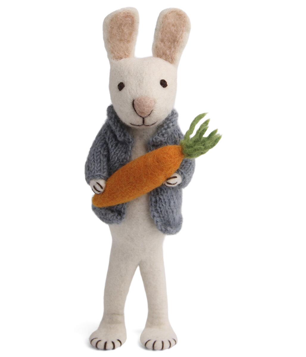 Big White Bunny with Blue Jacket and Carrot